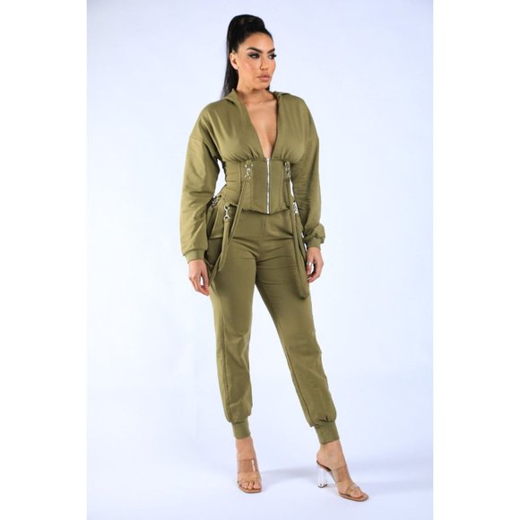 Women's Long Sleeve Zip-Up Strappy Terry Casual Hoodie Two-Piece Set Super Cute - Picture 5 of 12